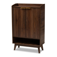 Baxton Studio LV4SC4150WI-Columbia-Shoe Cabinet Lena Mid-Century Modern Walnut Brown Finished 5-Shelf Wood Entryway Shoe Cabinet